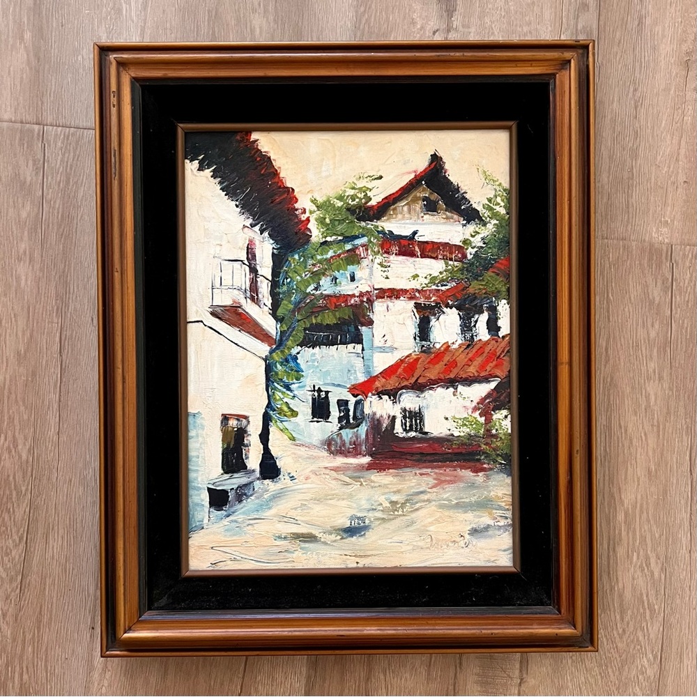 Vintage‎ Impressionist Oil Painting, Mediterranean Village, Signed, Wood Frame